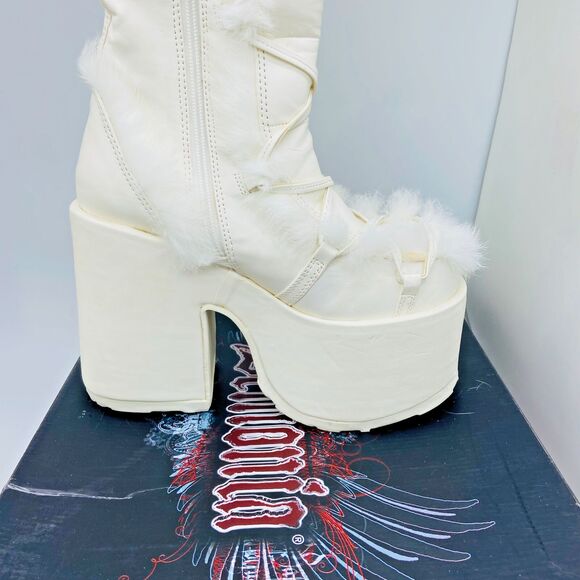 Demonia Camel 311 Faux Fur 8 Chunky Heel Platform White Womens Knee High Boots - Picture 1 of 16